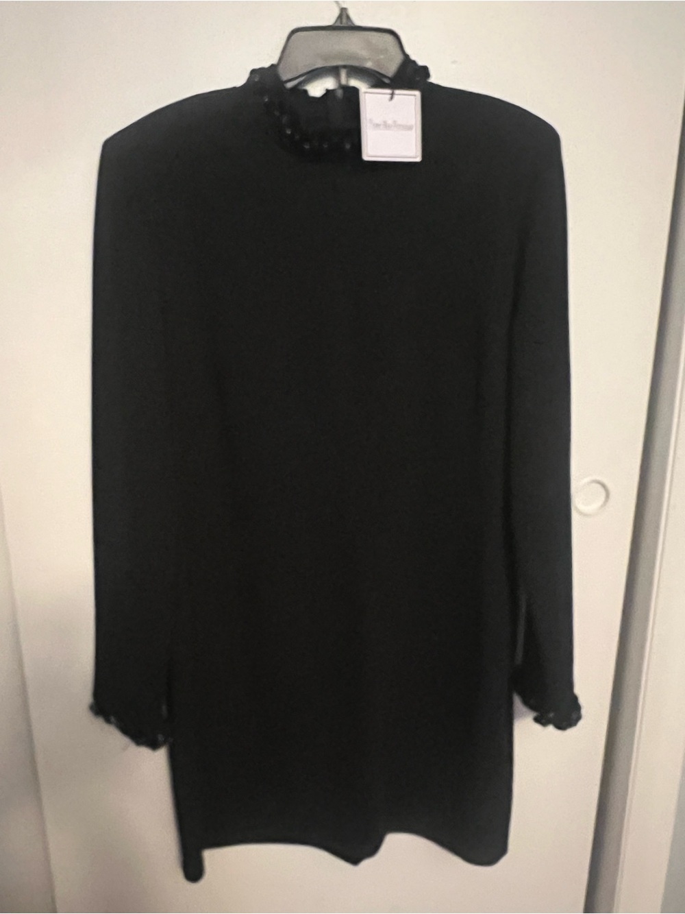 Premier Black Long-Sleeve Shift Dress with Beaded Neckline